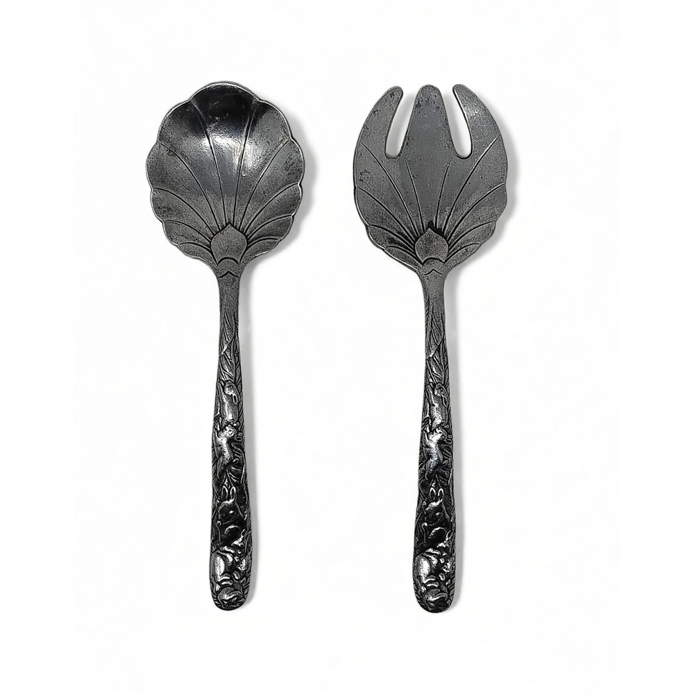 Arthur Court Bunny Rabbit Clam Shell Serving Set 1990 Aluminum Salad Utensils